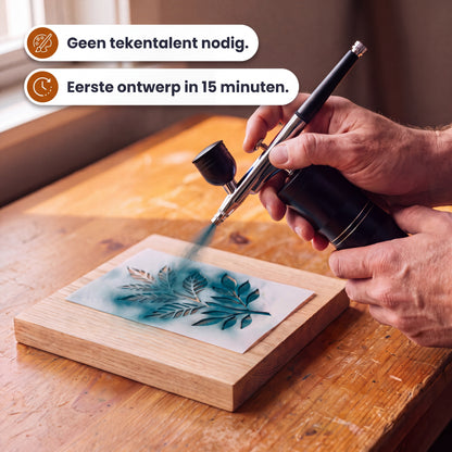 Airbrush spuit door een stencil op hout: geen tekentalent nodig, eerste ontwerp in 15 minuten