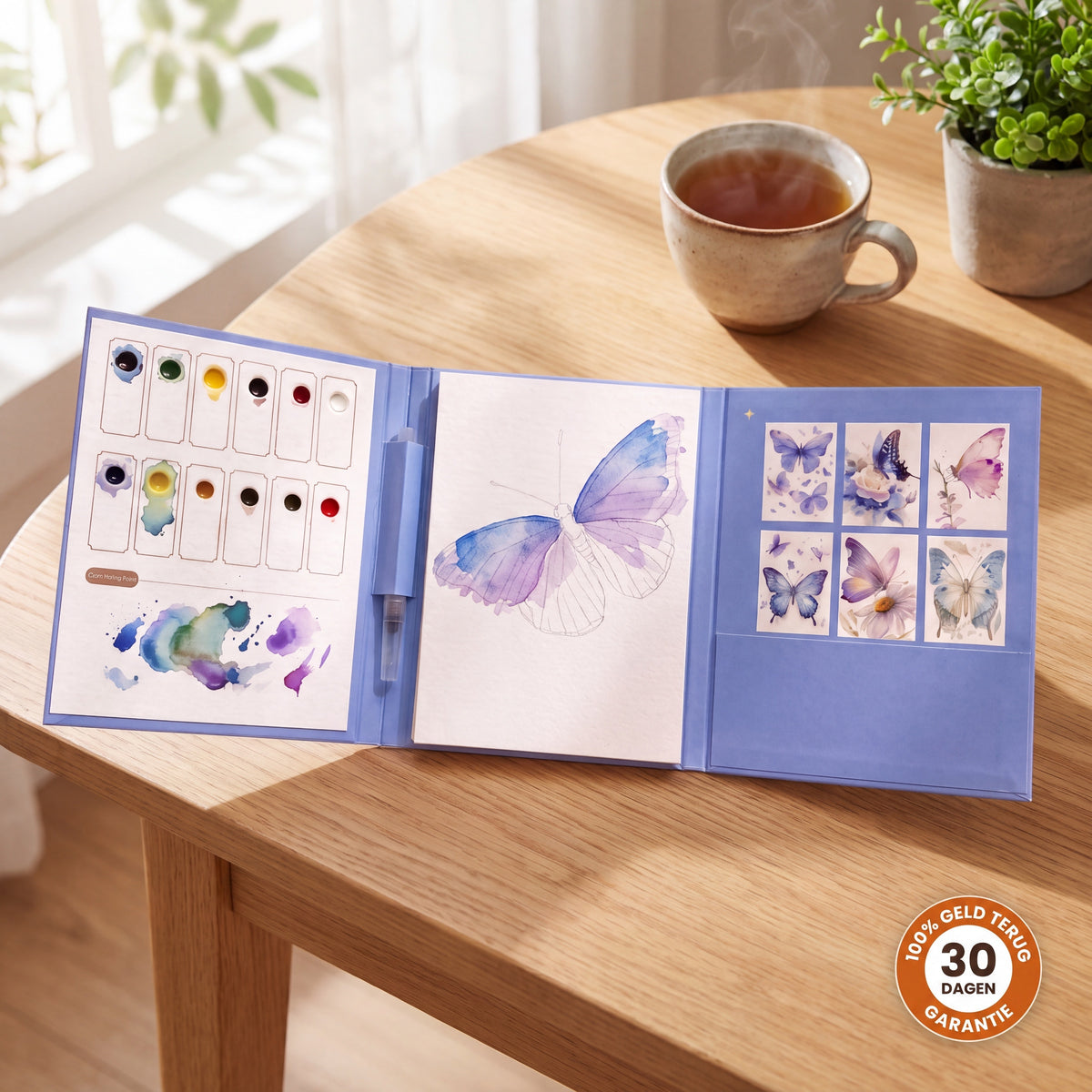 Aquarel Schilderboek: een boekje dat naar twee kanten openklapt, met 30 dagen garantiezegel