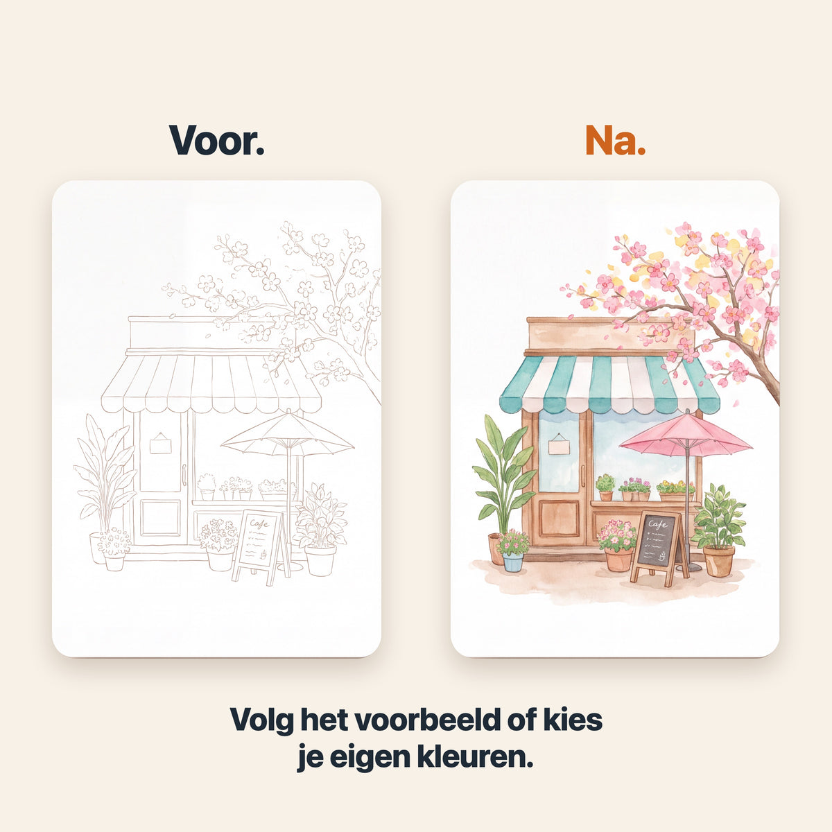 Voor en na: contourtekening en het geschilderde resultaat