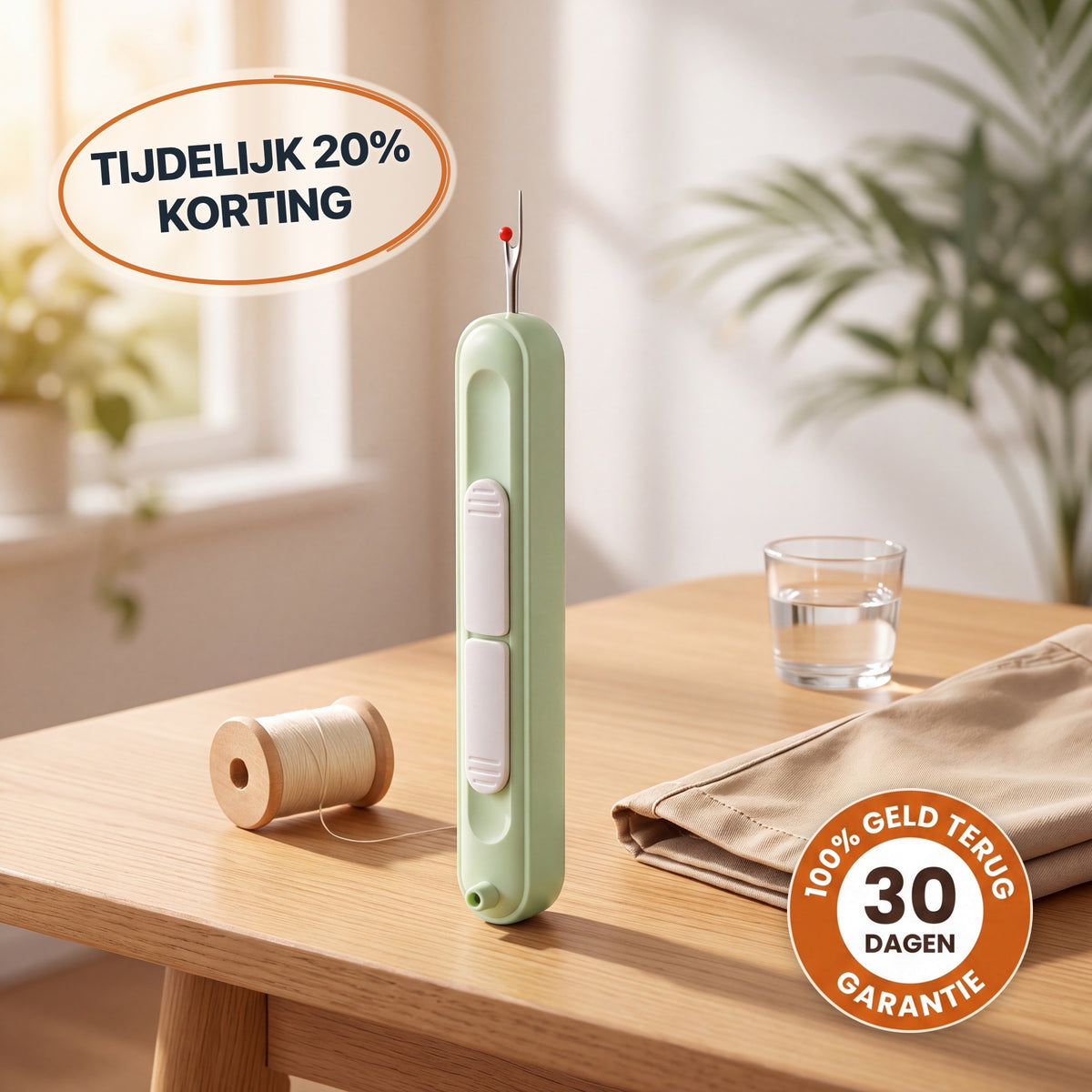 2-in-1 naaldinrijger en tornmesje, groen, op eiken tafel, 20% korting