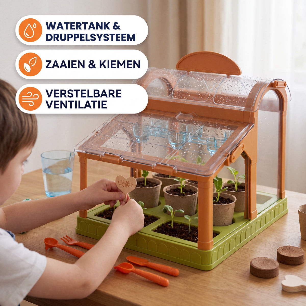Watertank en druppelsysteem, zaaien en kiemen, verstelbare ventilatie