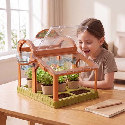 Meisje kijkt naar groeiende plantjes in de kinderkas