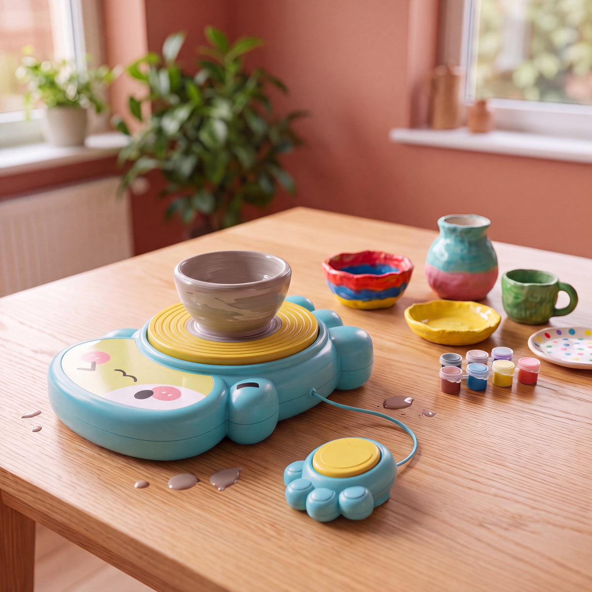 Blauwe elektrische pottenbakkersschijf voor kinderen op een eiken tafel, met een kommetje klei op de draaischijf