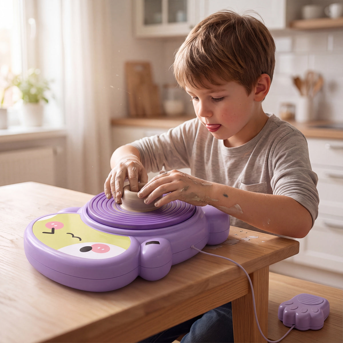Jongen met beide handen in de klei op de draaiende pottenbakkersschijf