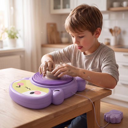 Jongen met beide handen in de klei op de draaiende pottenbakkersschijf
