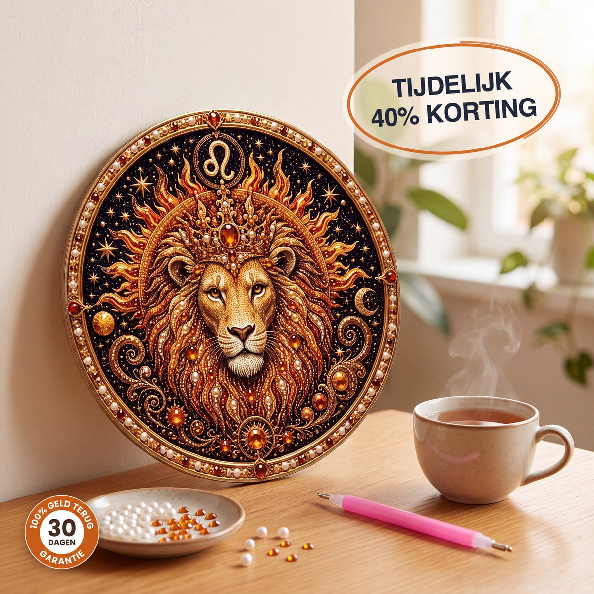 Diamond painting met parels: sterrenbeeld Leeuw als rond kunstwerk van 20 cm