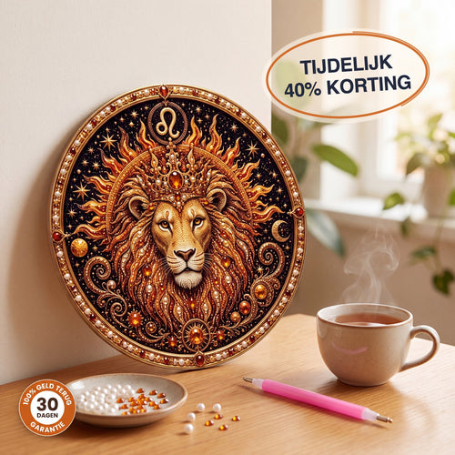 Diamond painting met parels: sterrenbeeld Leeuw als rond kunstwerk van 20 cm